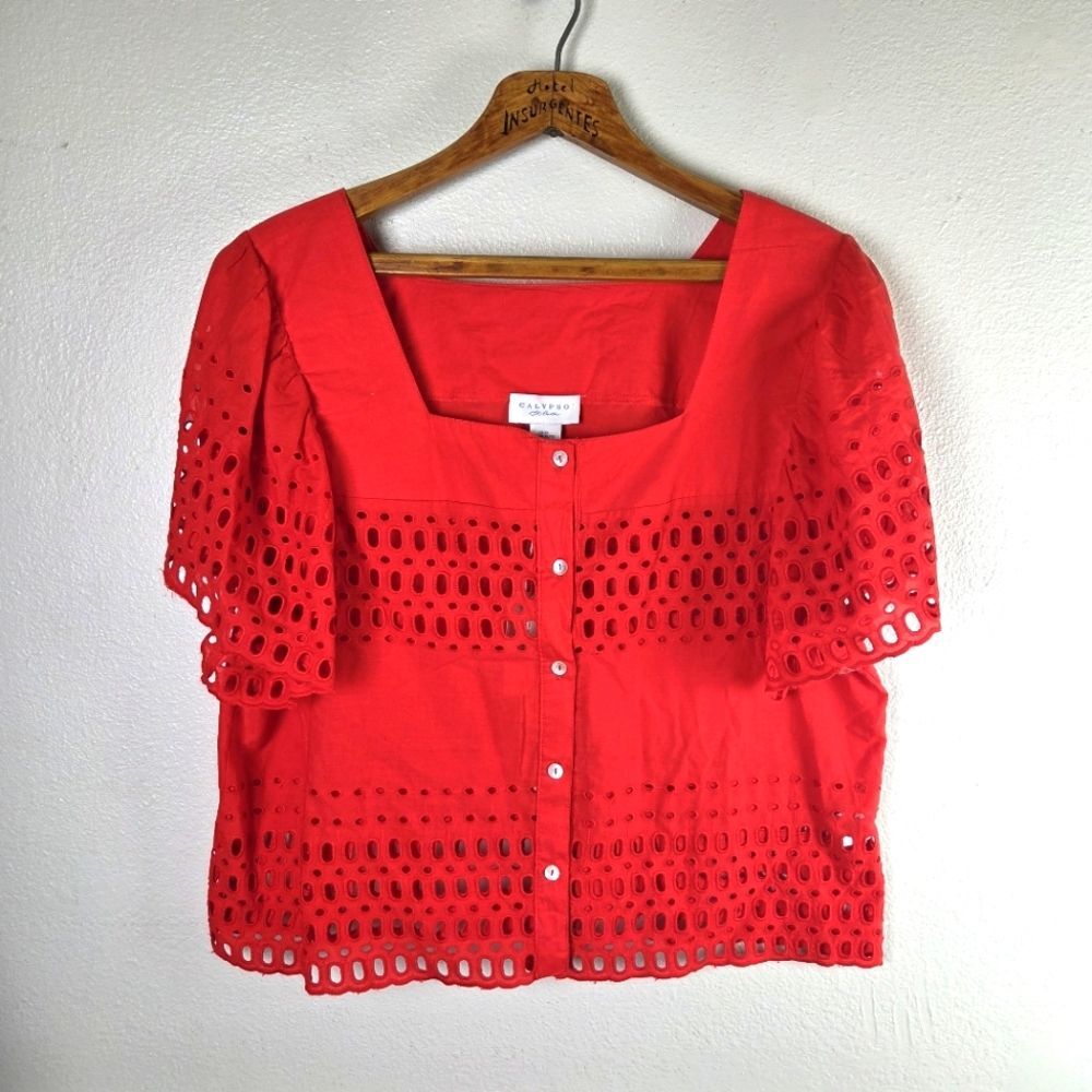 Women's Calypso St. Barth NWT Red Eyelet Button-Up Short Top Size XL